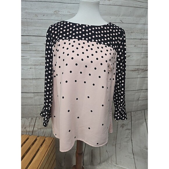 Talbots Women's Size Large Polka Dot Blouse Top Size Pink Black 3/4 Bell Sleeves - Picture 1 of 8